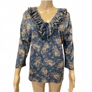 LRL Lauren Jeans CO. Floral Ruffle V-Neck Blouse